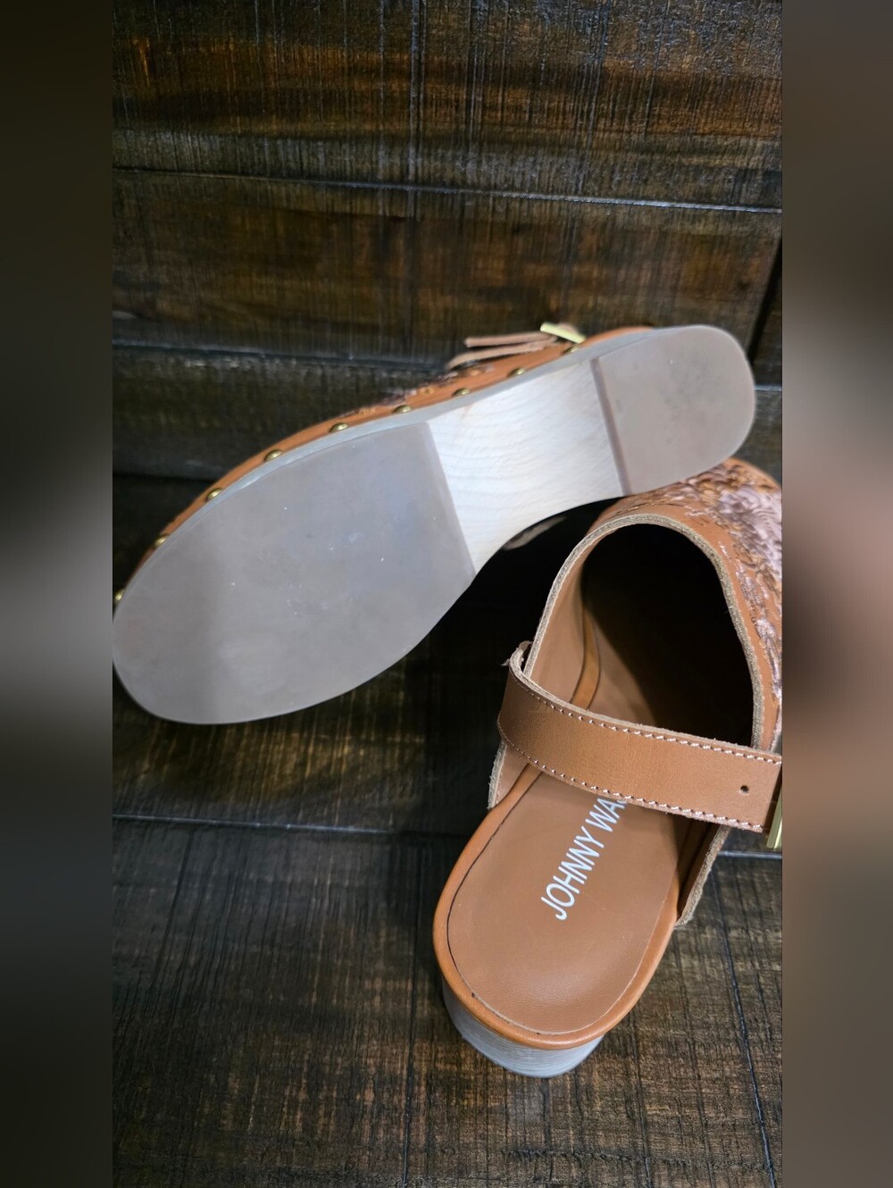 JOHNNY WAS Mono Clog Tonal Floral Embroidered Leather Boho Shoes Size 9 - Picture 5 of 5